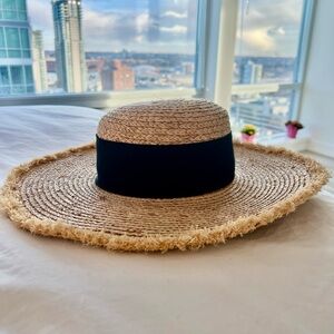 Zara Straw Boater Hat Size Small – Wide Brim with Black Ribbon